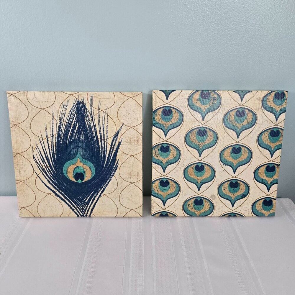 Peacock Feather Vinyl Canvas Prints Wooden Frame Set of 2 - 12x12"